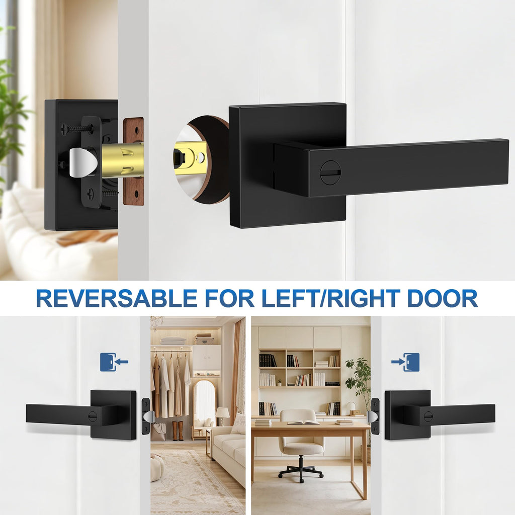 1 Pack Matte Black Door Handles, Keyless Interior Door Knobs, Privacy Door Lever Locksets Bathroom, Heavy Duty Square