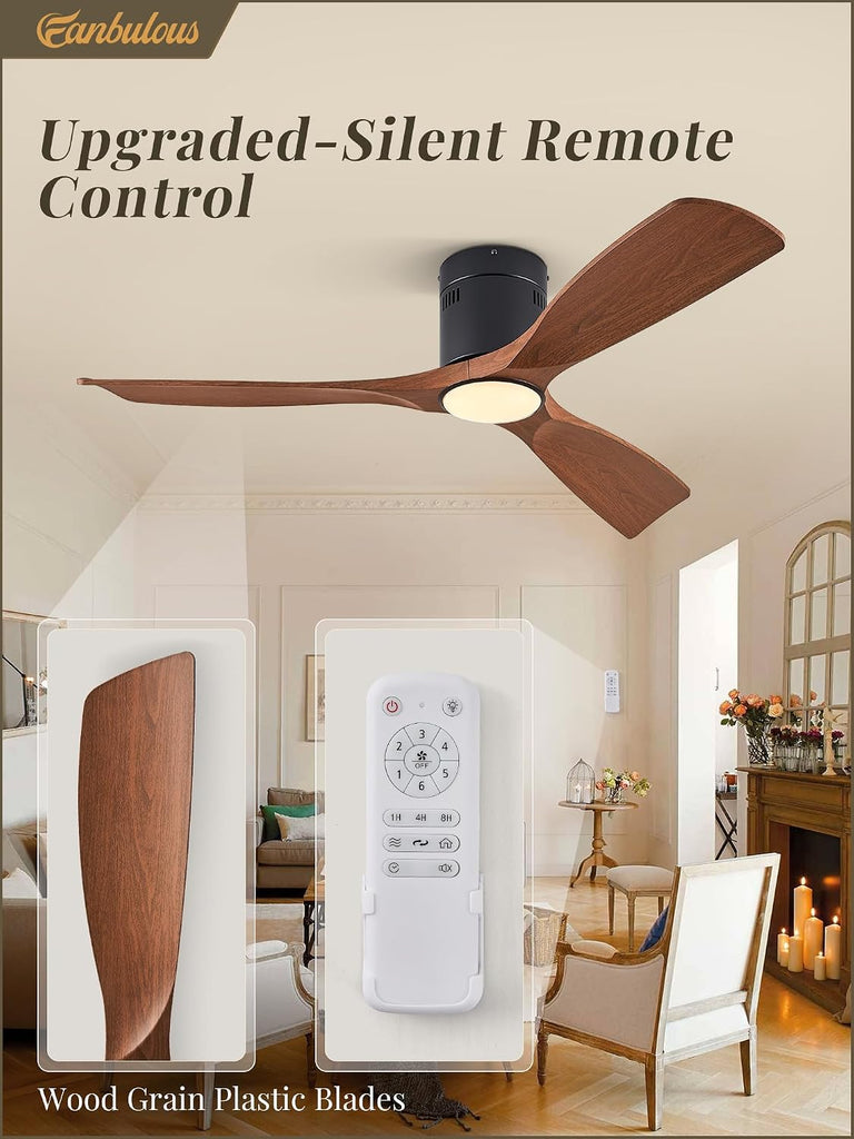 52" Low Profile Ceiling Fan with Lights and Remote, Timer, Walnut