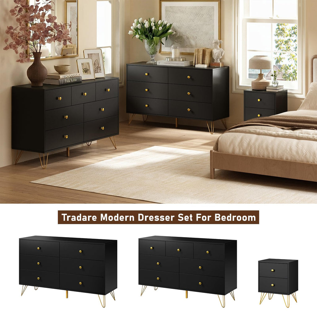Black Dresser, Modern 7 Drawer Dresser with Gold Handles and Metal Legs, Black and Gold Dressers & Chest of Drawers