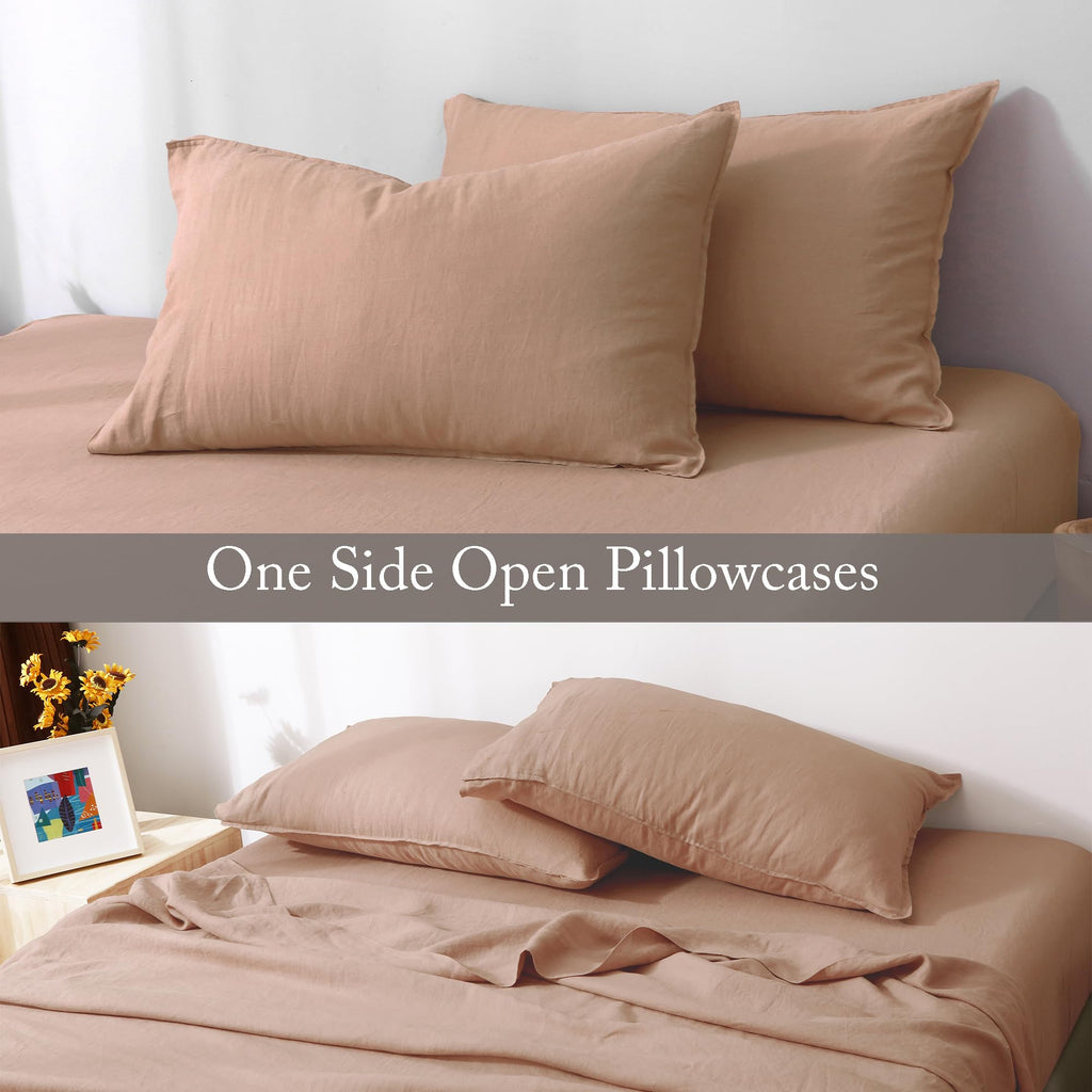 100% Linen Sheets Set, Washed French Flax Bed Sheets Set 4Pcs(1 Flat Sheet&1 Fitted Sheet&2 Pillowcases
