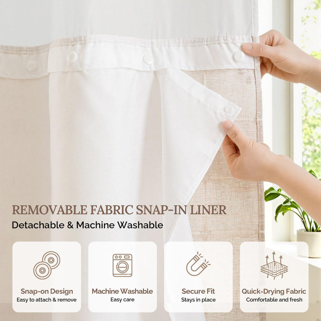 RiverDream Farmhouse No Hooks Shower Curtain with Snap-in Liner, Linen, 54x80