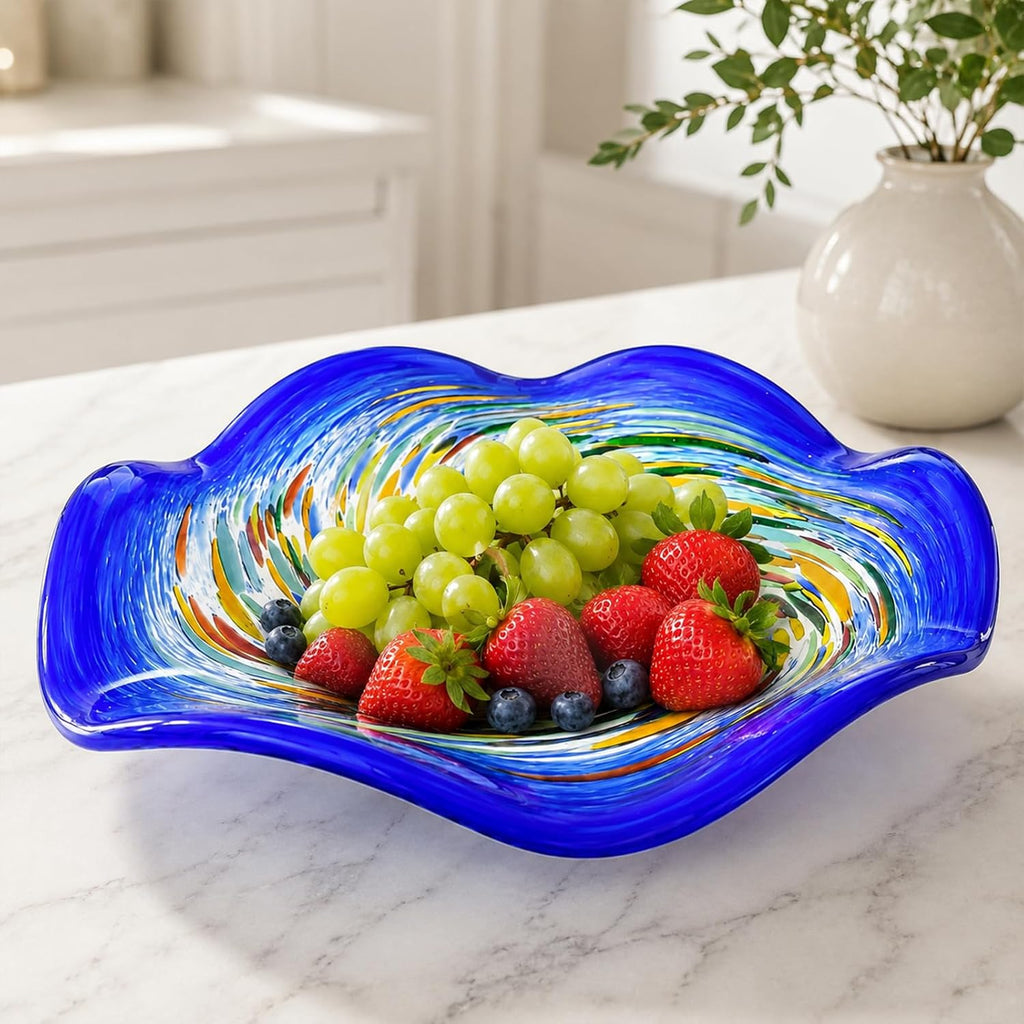Hand Blown Murano-style Art Glass Bowl, 10.2-Inch Large Decorative Centerpiece for Table, Cobalt Blue Fruit Display &