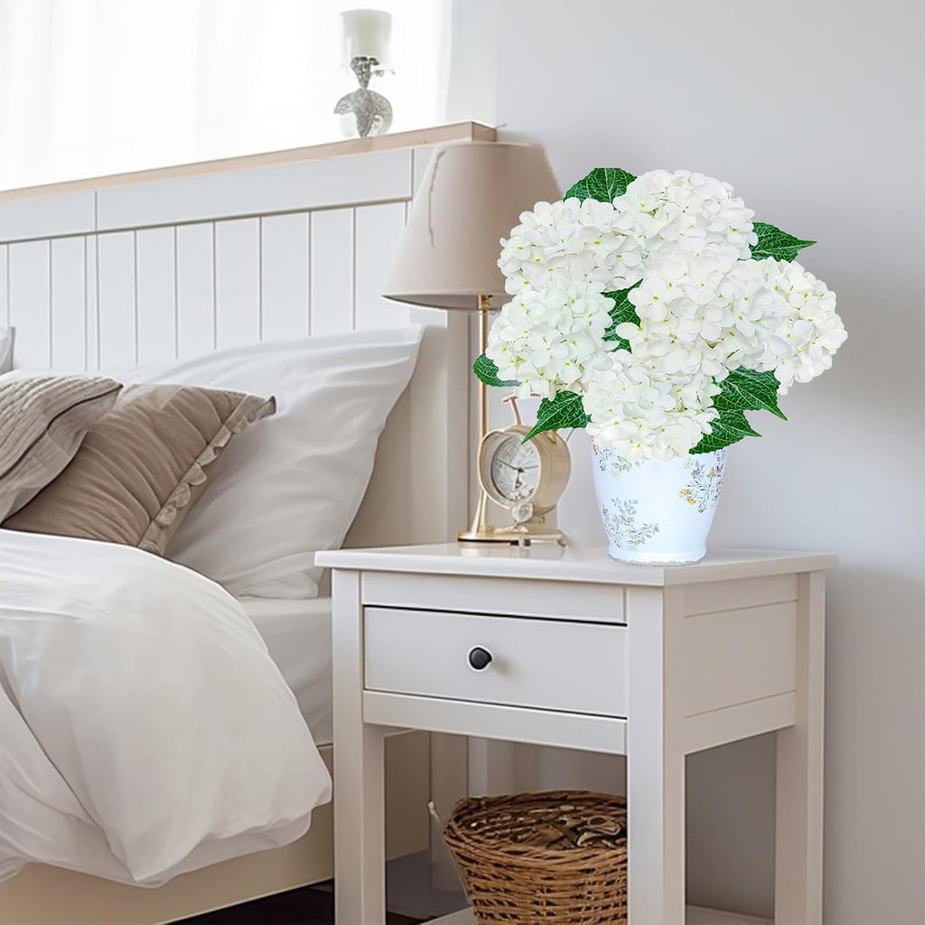 Premium White Hydrangea Artificial Flowers Bouquets, Ivory Silk Hydrangea Flowers Heads with Stems, Fake - Set of 6