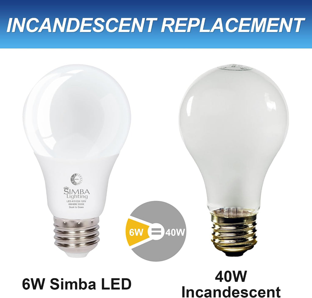 LED A19 Dusk to Dawn 6W 120V Outdoor Bulbs E26 5000K, 4 Pack