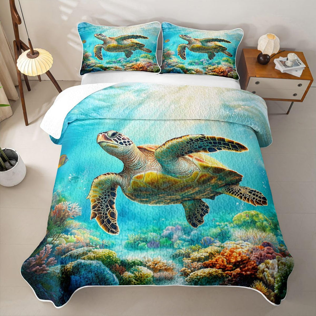Sea Turtle Quilt Set Ocean Coastal Quilted Bedspread Lightweight Coverlet Set Reptile Tortoise Bedding Set with
