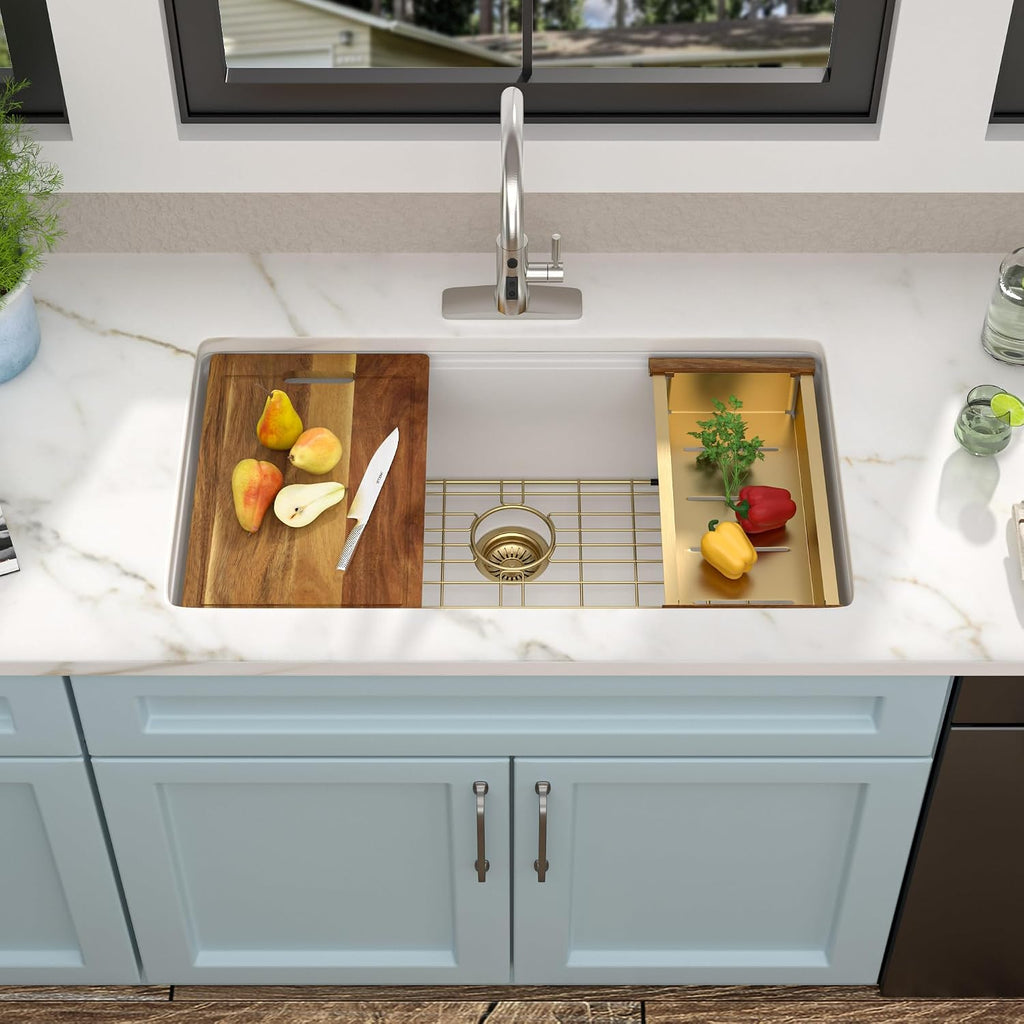 33"x19" Granite Composite Kitchen Sink - Undermount White Granite Quartz Composite Classic Ledge Workstation Under