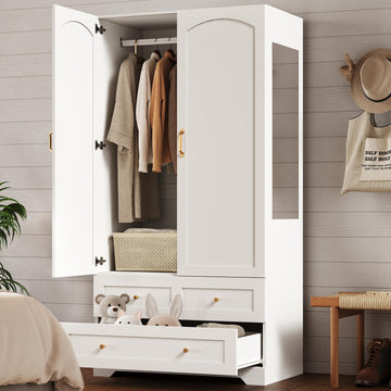 Armoire Wardrobe Closet with 2 Drawers & Mirror, White
