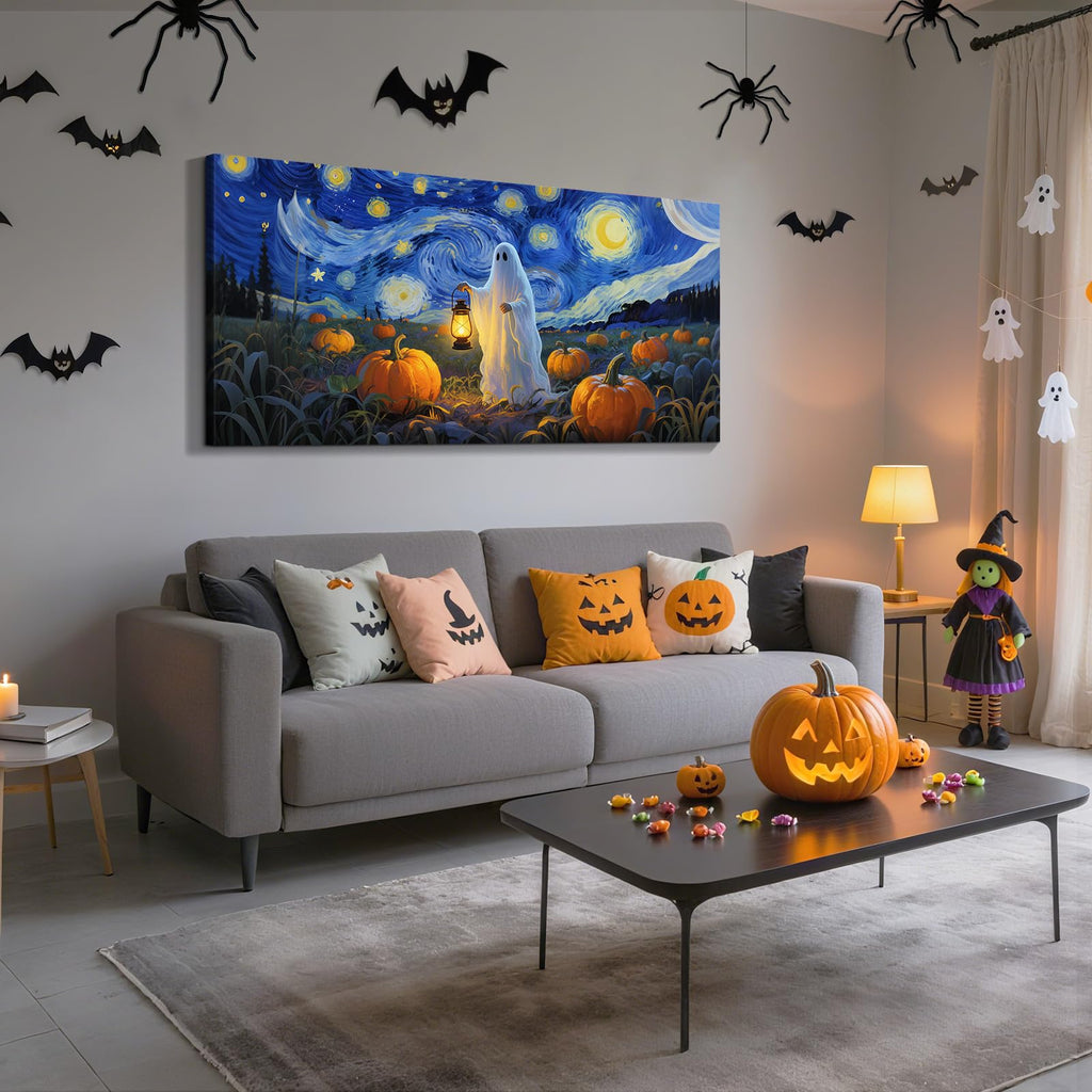 Halloween Wall Art 40x20 Inch, Pumpkin and Ghost Theme Canvas Wall Decor Van Gogh Style Painting Print Holiday Gift