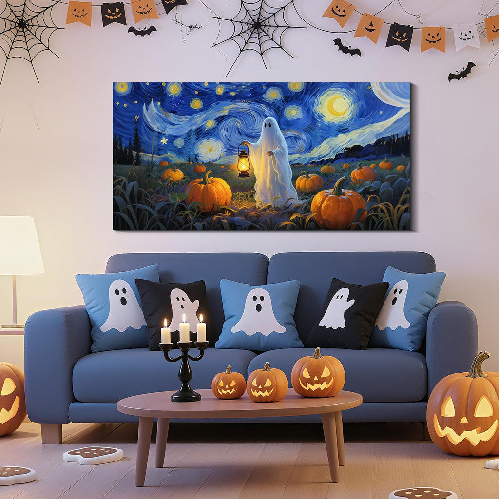 Halloween Wall Art 40x20 Inch, Pumpkin and Ghost Theme Canvas Wall Decor Van Gogh Style Painting Print Holiday Gift
