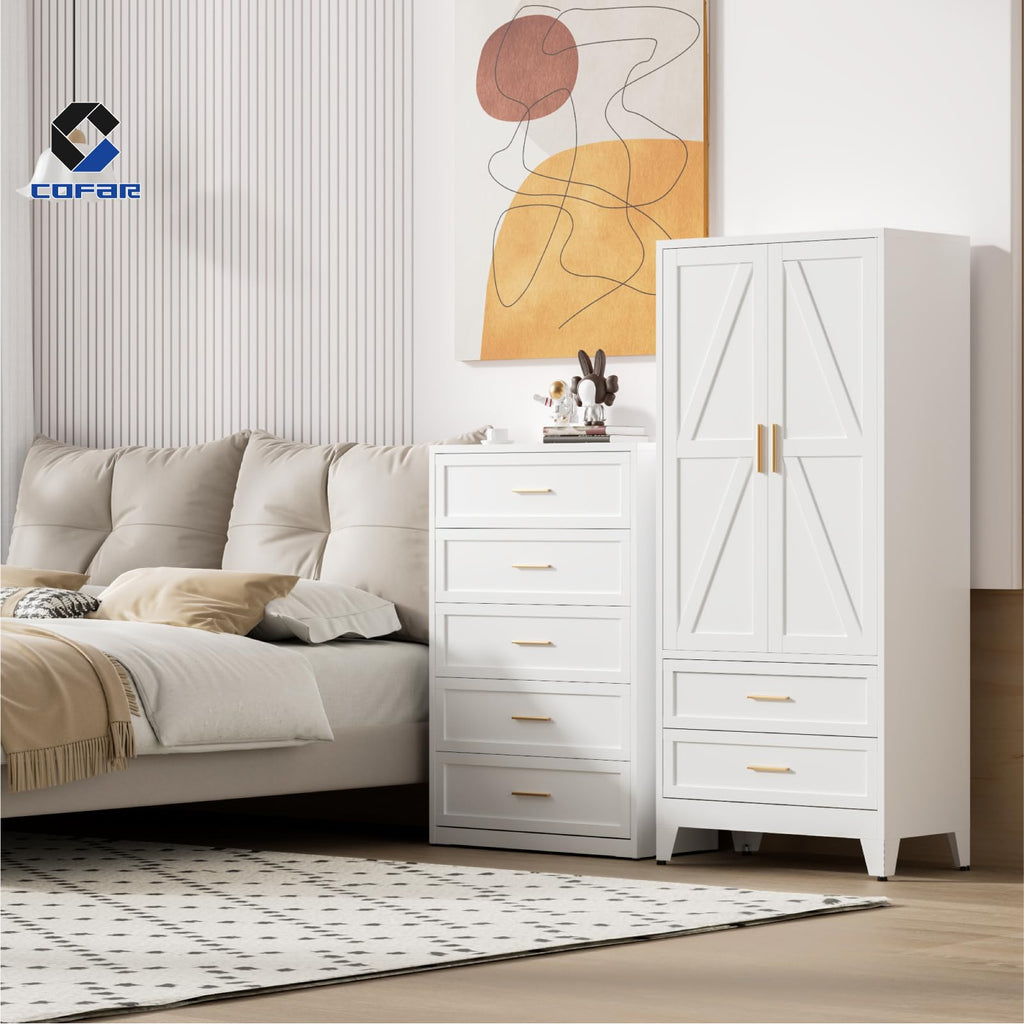 Armoire Wardrobe Closet with Drawers & Hanging Rod, 71'' Metal Wardrobe Closet with Doors & Adjustable Shelf