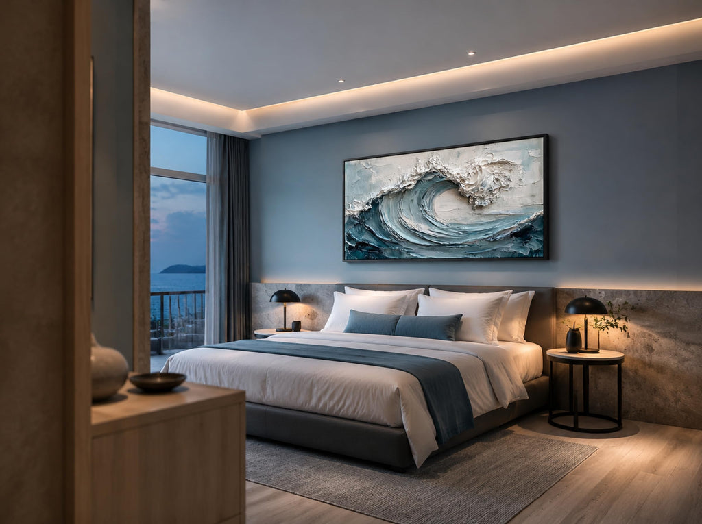 Large Abstract Textured Wave Wall Art, Blue Ocean Canvas Painting