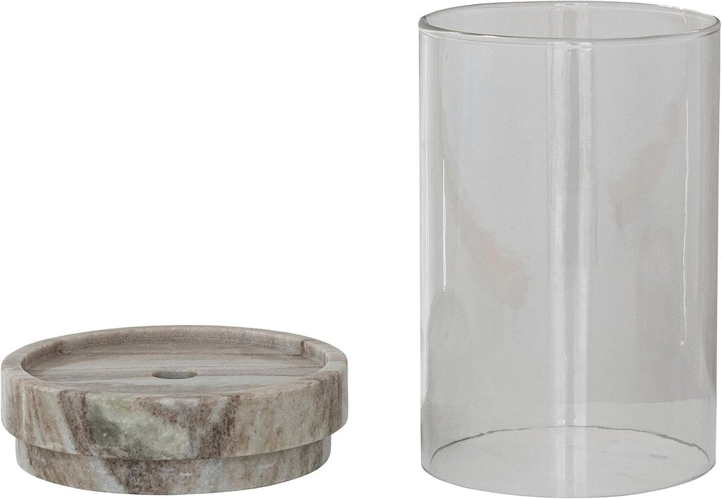 Round Marble Taper/Pillar Candle Holder with Glass Hurricane, Beige Finish
