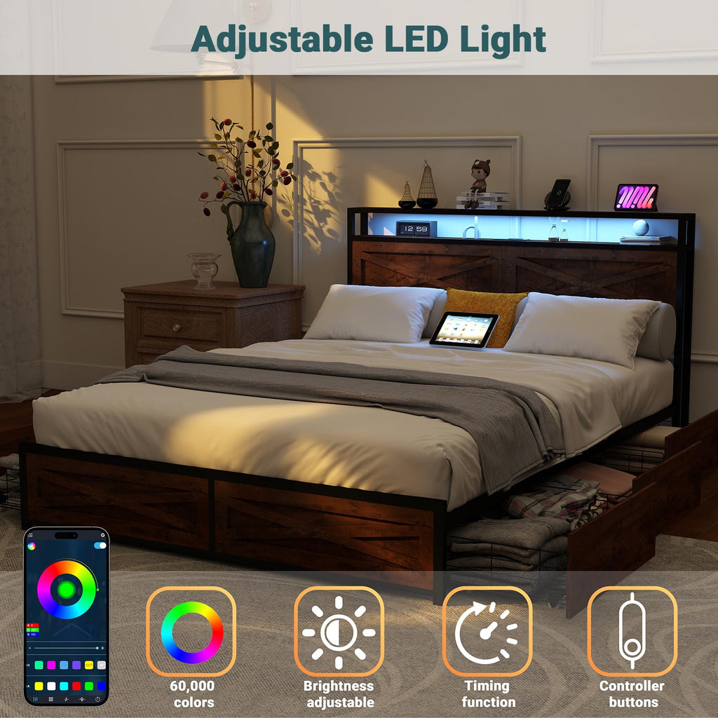 LED Bed Frame with 6 Storage Drawers, Farmhouse Headboard w/Charging Ports Station - Size Platform Bed Frame