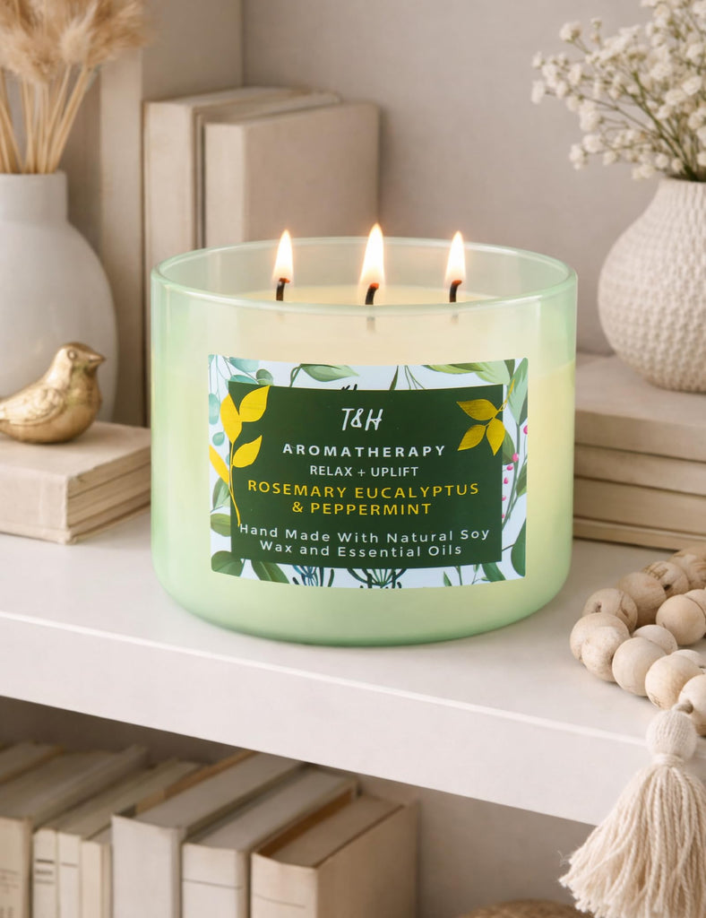 Rosemary Eucalyptus Peppermint Scented Candle, 3 Wick Soy Candle, 15.8 Oz