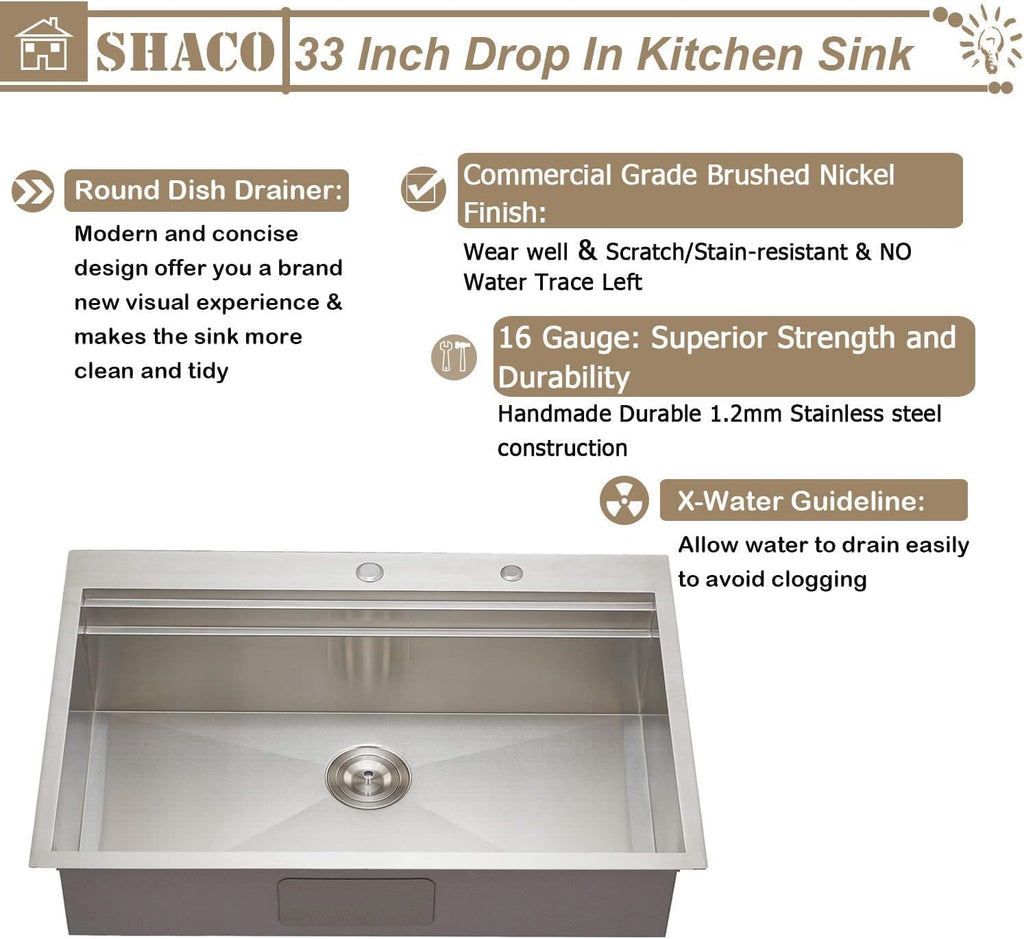 33x22 Inch Drop Sink Workstation, 33 Inch All In One SUS304 Stainless Steel Top Mount Single Bowl Overmount Double