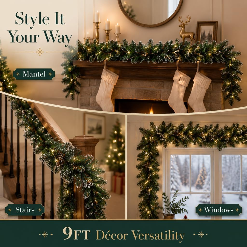 Pre-Lit Christmas Garland, Artificial Holiday Garland with 50 Plug-in Lights, Pine Cone Decorations for Fireplace