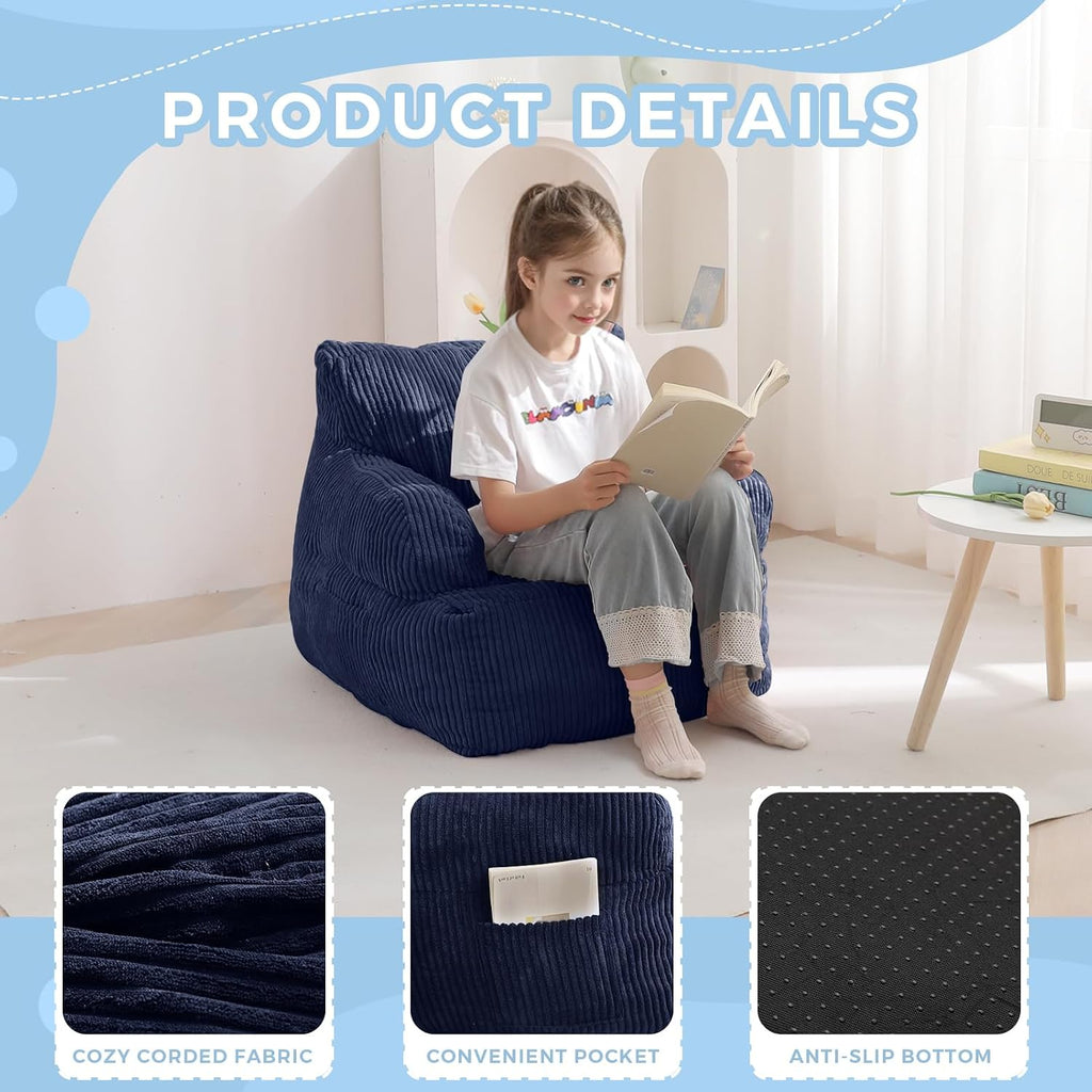 Kids Bean Bag Chair, Stuffed Bean Bag Sofa, Navy, Standard