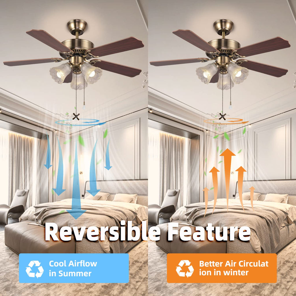 42 Inch Indoor Ceiling Fan with Pull-Chain and Three LED Light Bulbs Base, Traditional 3-Speeds Reversible Blades