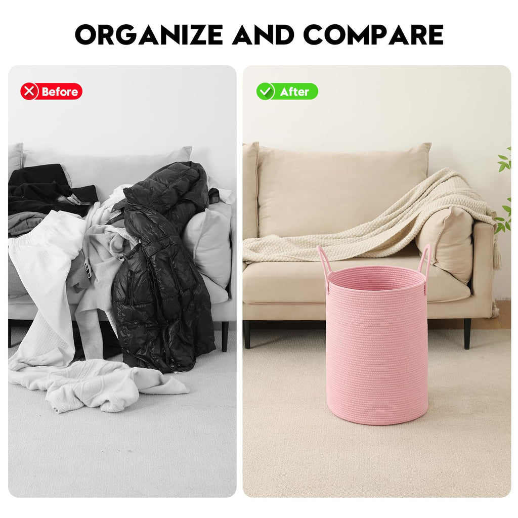 Basket Hamper Tall Rope Storage Woven for Blanket toys Dirty Clothes Bathroom Bedroom (Pink, 80L/21.3Gal)