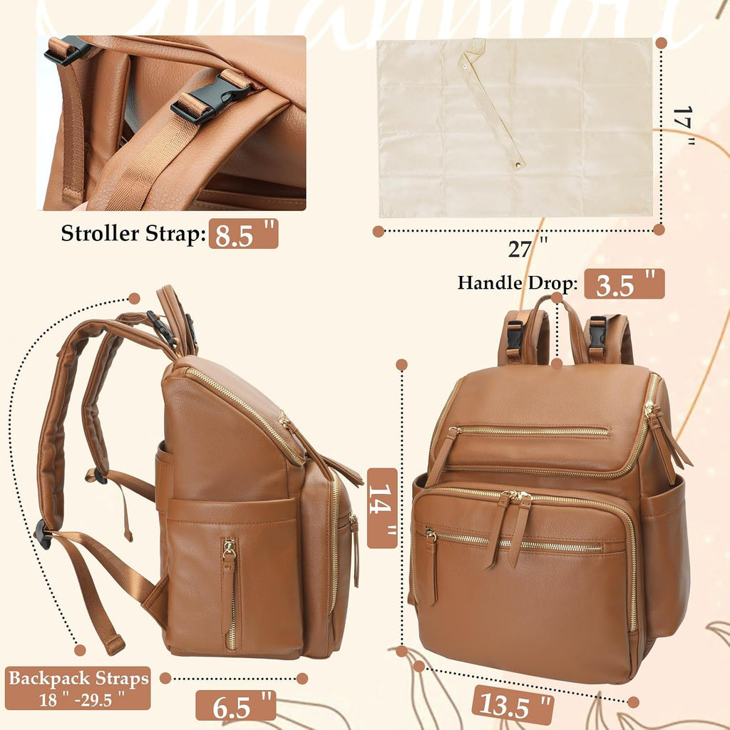 Diaper Bag Backpack Large Baby Diaper Bag Leather with 17 Diaper Bag Organizing Pouches,Changing Pad,Stroller