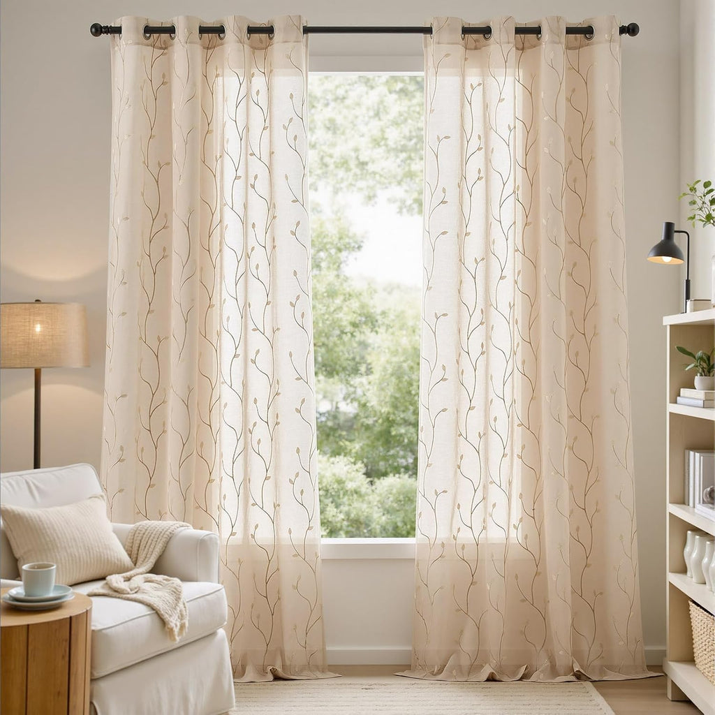 Sheer Curtains for Bedroom 96 Inch Length Leaf Embroidered Semi Sheers for Living Room Botanical Embroidery Voile