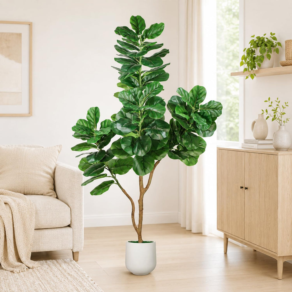 Artificial Fiddle Leaf Fig Tree, 6ft Realistic Fake Plants Faux Trees with White Planter, Artificial Plants Indoor