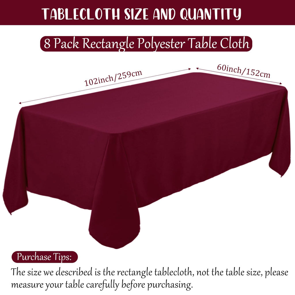 8 Pack Premium Burgundy Tablecloth 60 x 102 Inch, Rectangle Table Clothes for 6 Foot Rectangle Table Washable