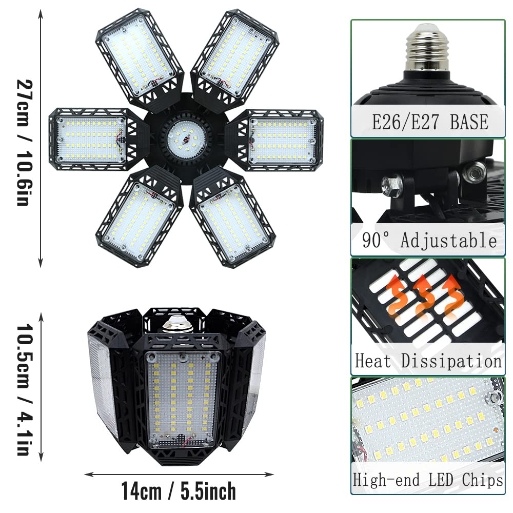 2-Pack LED Garage Lights, 160W 6500K Garage Lights Ceiling Led Bulb with 6+1 Adjustable Panels, LED Shop