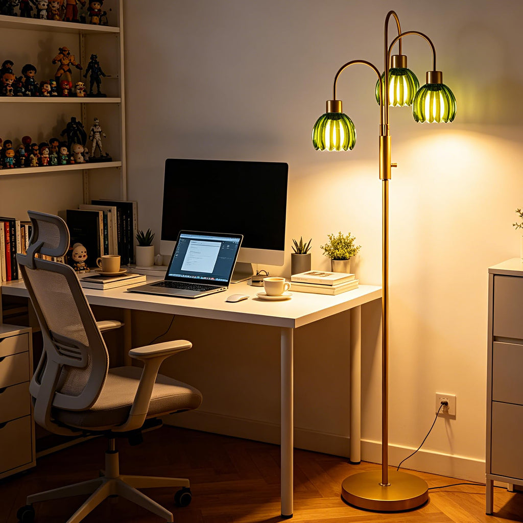 Green Glass Gold Floor Lamp 70" Modern Dimmable Tall Floor Lamps 3-Light