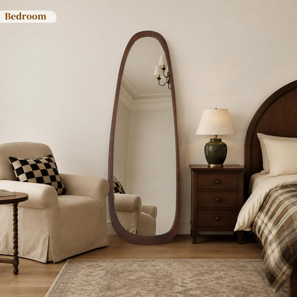 22x65 Inch Irregular Full Length Mirror with Stand, Floor Mirror with Wooden Frame,Full Body Mirror, Cloakroom, Dark