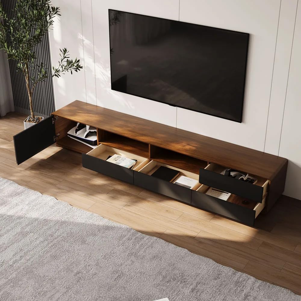 Modern 94" Solid Wood TV Stand, Lowline Media Console with 4 Drawers, Open Storage Cabinet, Walnut Veneer