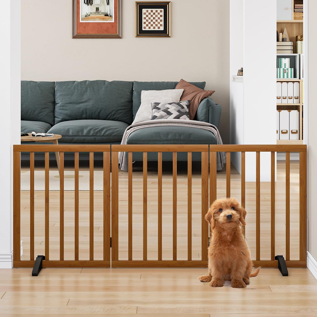 Freestanding Pet Gate Foldable Dog Gate (55 inches Wide) Walnut Bamboo Dog Gates for Stairs Doorways House (2 Support