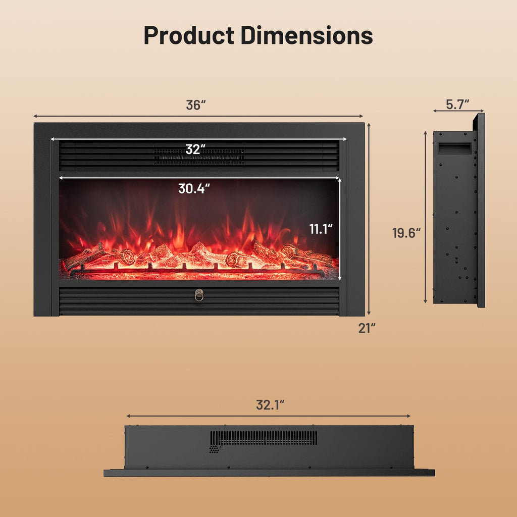36" Electric Fireplace, Wall Mounted/Recessed, 3-Color Flame, 5 Brightness, 8H Timer, 750/1500W Freestanding Insert