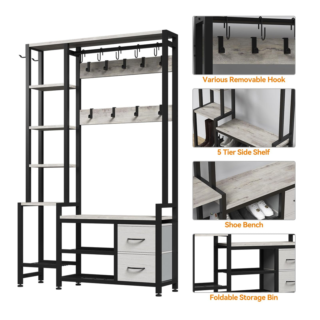 Hall Tree 43", Bench with Shoe Storage, Large Coat Rack Shoe Bench with 5 Tier Shelves, 5 in 1 Design Front Door Shoe