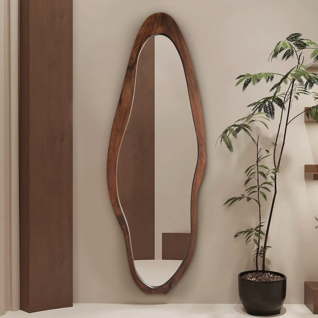 Irregular Full Length Mirror, 67"x24" Wood Floor Mirror Grain Brown