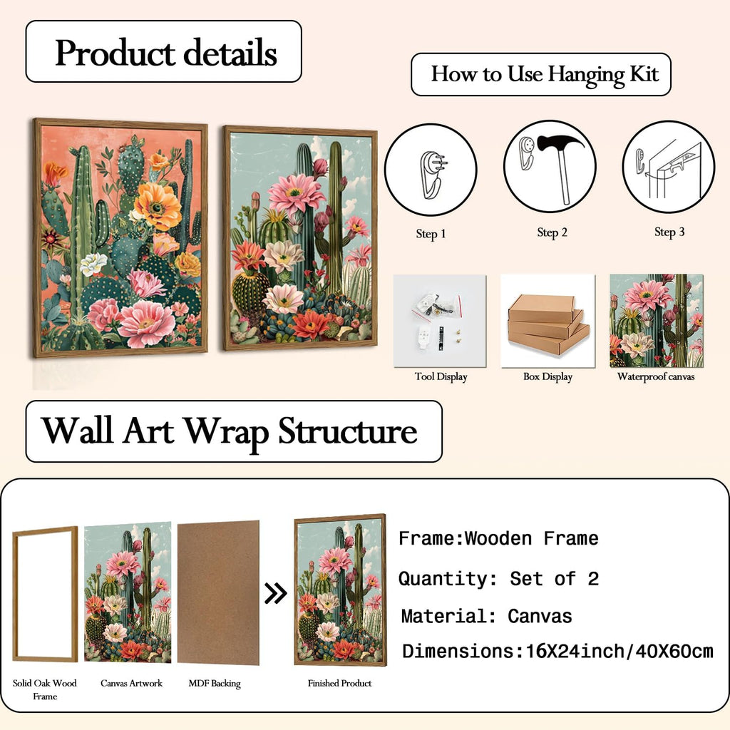 Framed Mexican Cactus Canvas Wall Art Set of 2, Vintage Desert Floral Wall Decor Paintings, Southwestern Boho