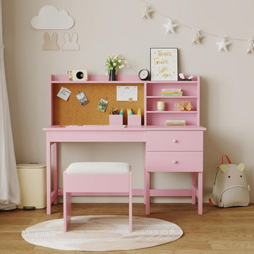 Adjustable Tilt Kids Desk and Chair Set, 0-40° Tiltable Wooden Study Table with Drawers, Cork Board & Open Shelves
