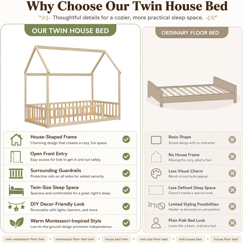 Tw Floor Bed with Roof and Guardrails, No Box Spring, Natural | Pine wood kids floor bed with low design, guardrails