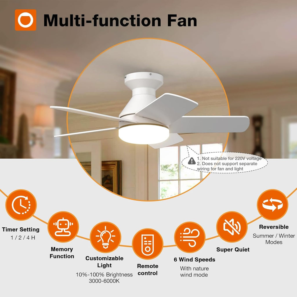 Ceiling Fans with Lights, 32inch Low Profile Ceiling Fan with Light and Remote Control, Flush Mount, Reversible, 3CCT, Dimmable, Quiet, White Small Ceiling Fan for Bedroom Indoor/Outdoor Use A103-B0CLNL7D1P