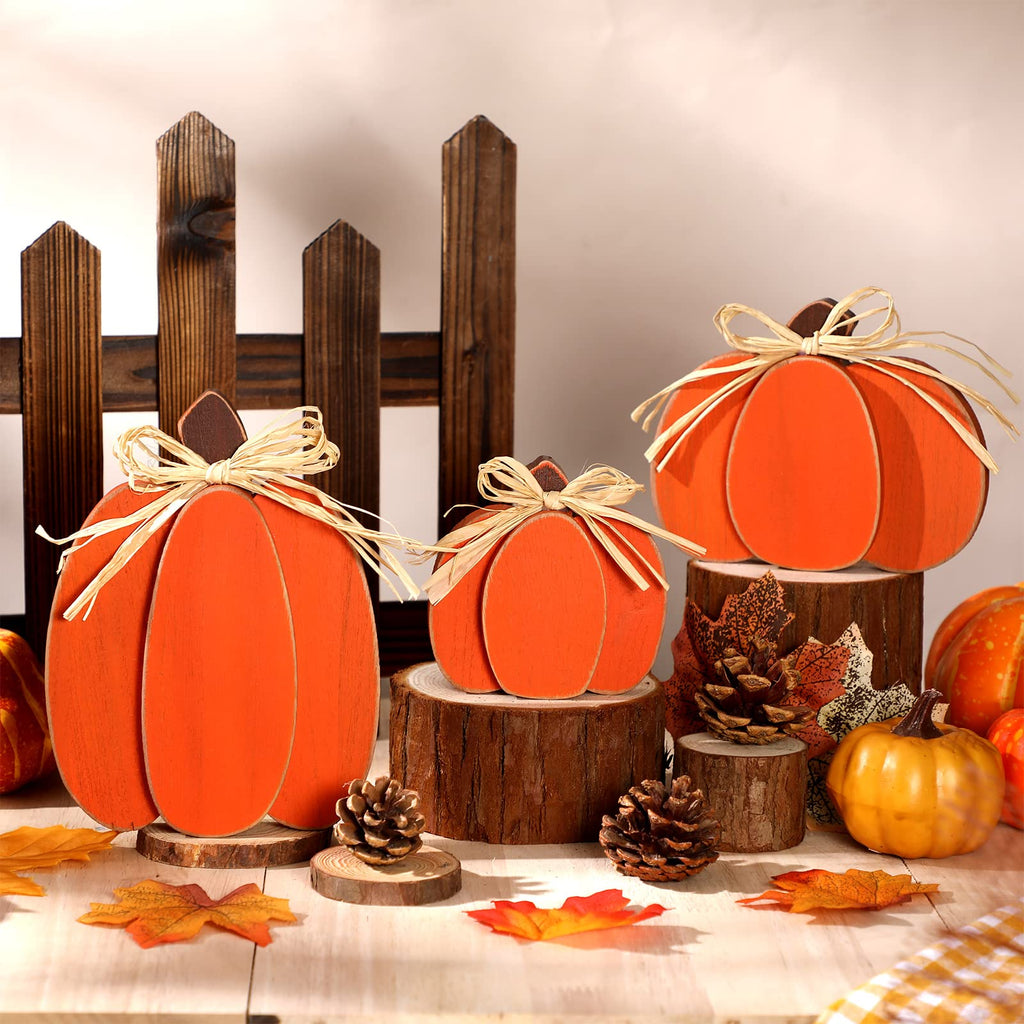 3 Pcs Fall Pumpkin Decor, 3D Wooden Pumpkin Tabletop Decor