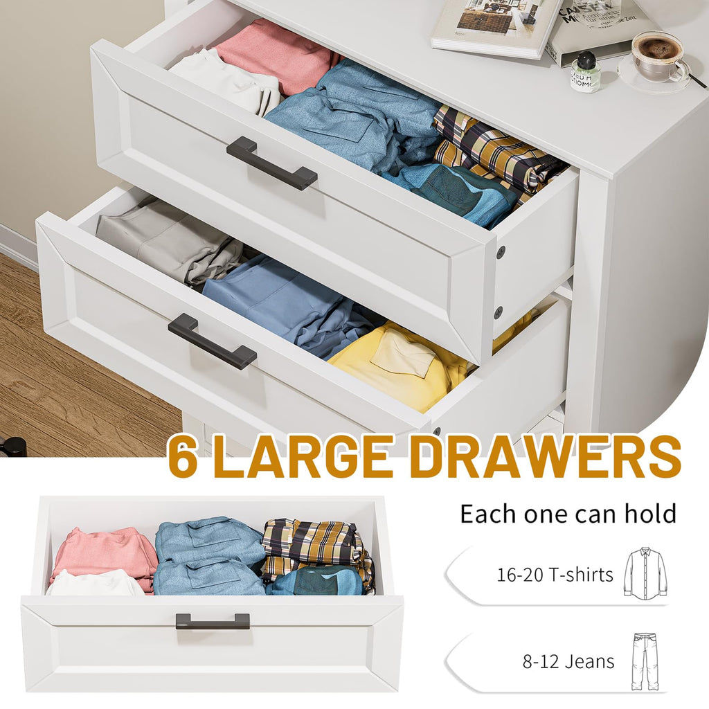 White 6 Drawer, 55 Inch Tall White, Modern Farmhouse Style Chest of Drawers Living Room, Wood Rustic Tall Clothing