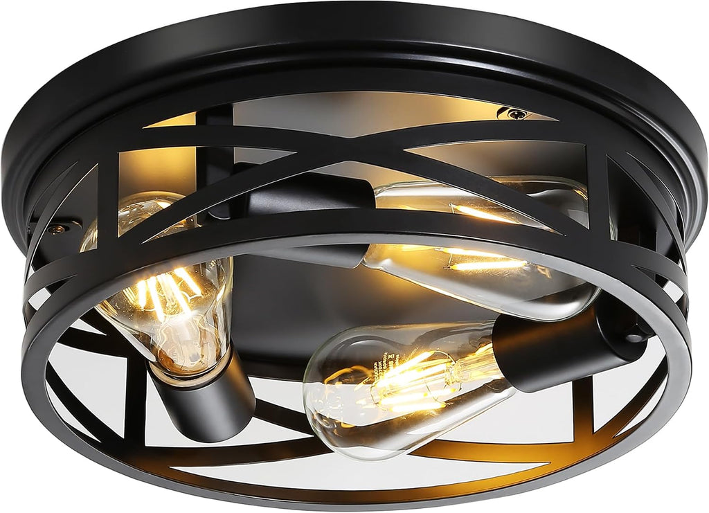 Farmhouse Flush Mount Ceiling Light 12 Inch E26 3-Light Large Black Anti-Rust Metal Cage Close to Ceiling Lamp for