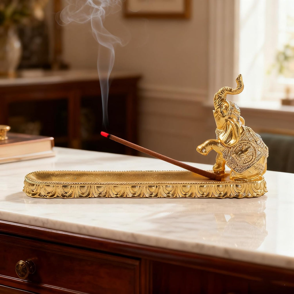 Gold Elephant Incense Holder, Resin Feng Shui Statue Ash Catcher Tray, 9.45In