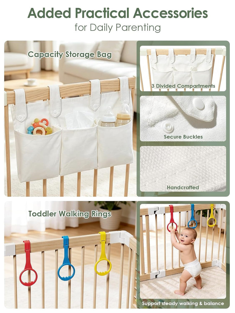 Foldable Baby Gate Playpen, Wooden Play Yard for Babies and Toddlers | Child-Safe Lock, Pre-Assembled for Quick