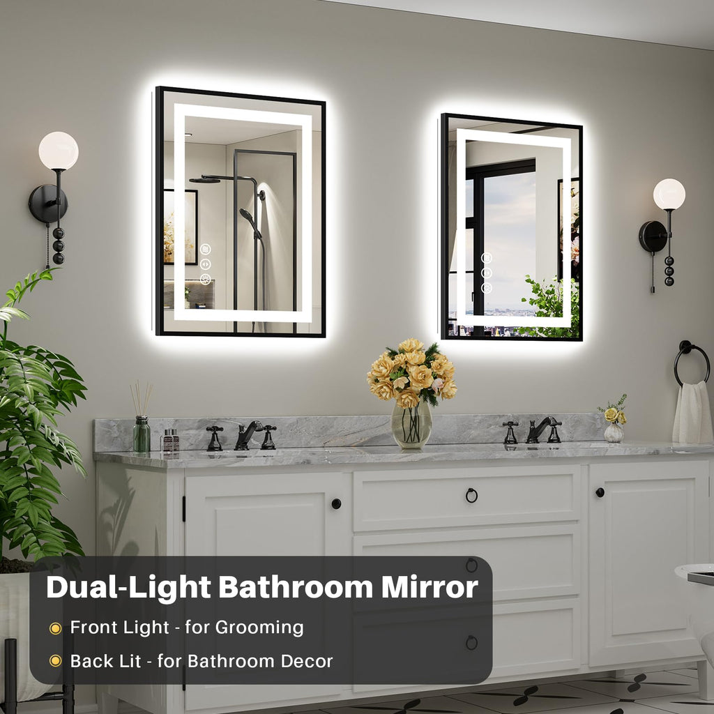 24x32 Inch LED Bathroom Mirror with Black Frame, Backlit & Front Lit