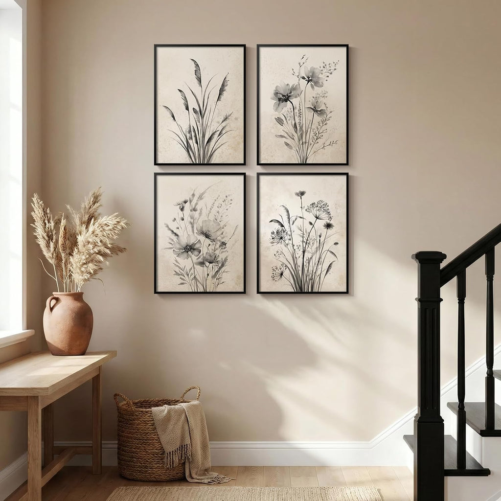 Framed Vintage Botanical Wall Art, 4 Piece Neutral Rustic Boho Floral Canvas Painting Prints for Modern Farmhouse