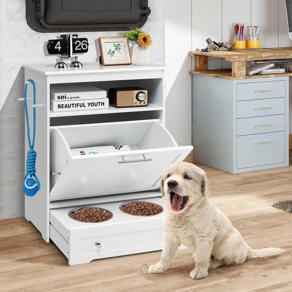 Pet Feeder Station, Dog Food Storage Container with Double Pull Out Dog Bowls, Pet Food Toy Organizer Cabinet, Pet