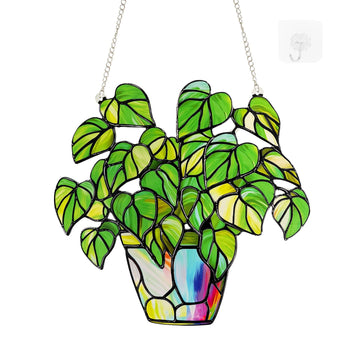 Stained Glass Plant Suncatcher Window Hanging, 10 Inch Real Glass Potted Green Leaves Sun Catcher with Chain