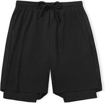 Boys 2 in 1 Athletic Active Shorts Sports Running Quick Dry Breathable Compression Shorts