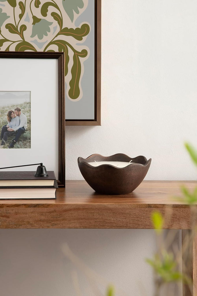 Alessia Scalloped Round Metal Candle Bowl, 8 Inch Diameter, Bronze, Modern Three-Wick Unscented Candle